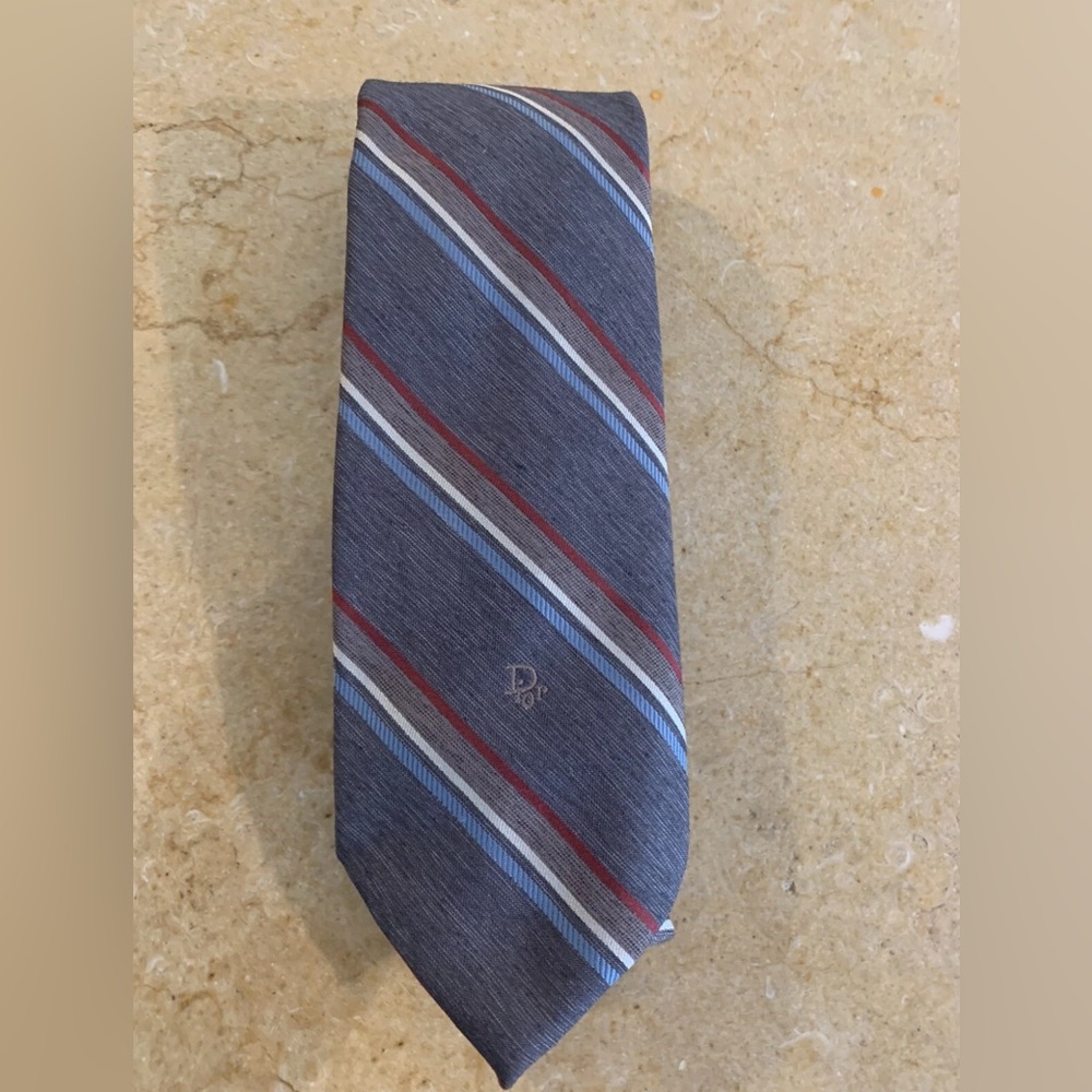 Christian Dior Logo 70s Vintage Gray Slim Tie Stripe Blue Red White